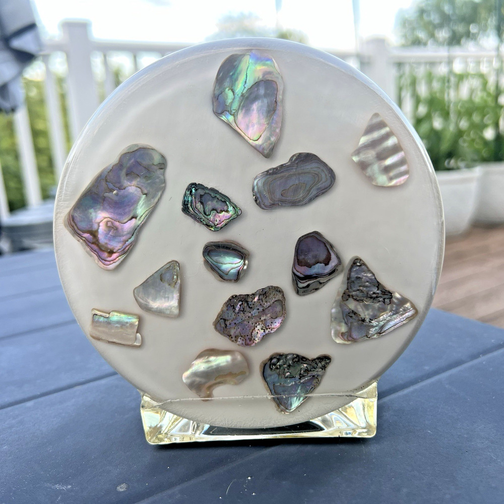Vtg 1960s Lucite Napkin Letter Holder Abalone Sea Shells White Beach Ocean 6"